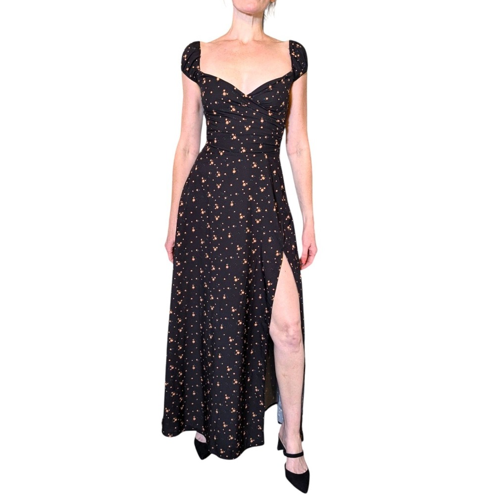 Tiger Mist Black Floral Maxi Dress Puff Sleeve Side Slit Romantic Date Night XS